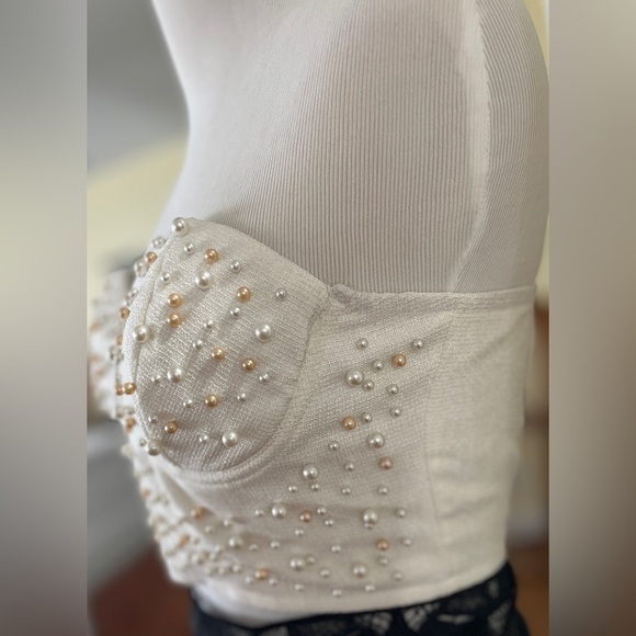 Bustier Tube Top White Pearl Embellished Front Cropped Sweetheart Bustline SZ M - Picture 3 of 9